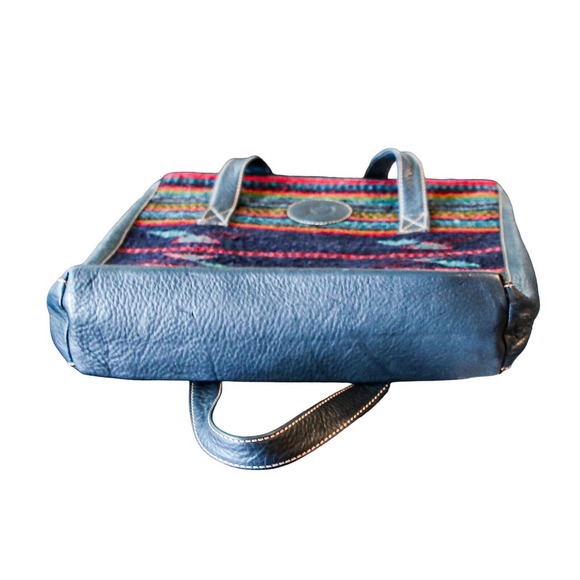 Born 100% Leather And Wool Large Zip Tote Bag Blue Red Mexican Motifs - Picture 4 of 7